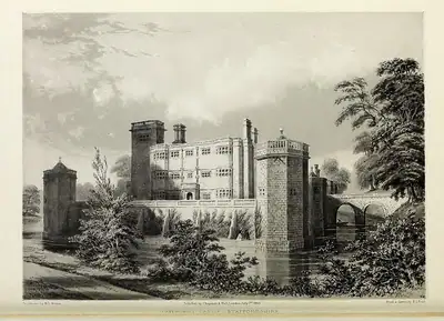 لوحة من عام 1845 لـ Caverswall Castle في ستافوردشير؛ ولم تُستخدم صورة حديثة حرة للقلعة