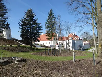 الجناحان الجنوبي والشرقي من Schloss Thalheim، مع جناح دائري عند الحافة اليسرى
